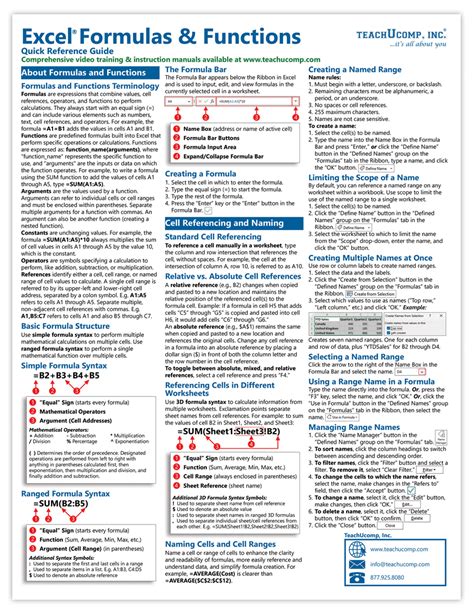 Excel Formulas and Functions Cheat Sheet - TeachUcomp, Inc.