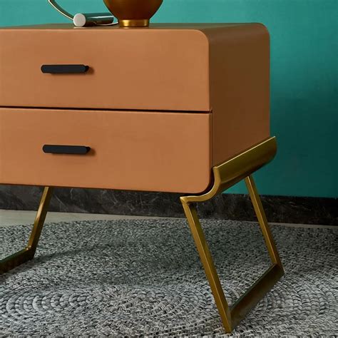 Modern Brown Nightstand 2 Drawers PU Leather Nightstand with Gold Legs