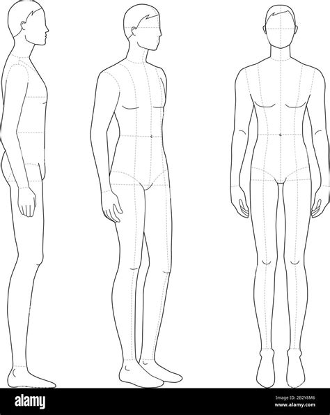 Fashion template of standing men in 3 poses. 9 head size for technical drawing with main lines ...