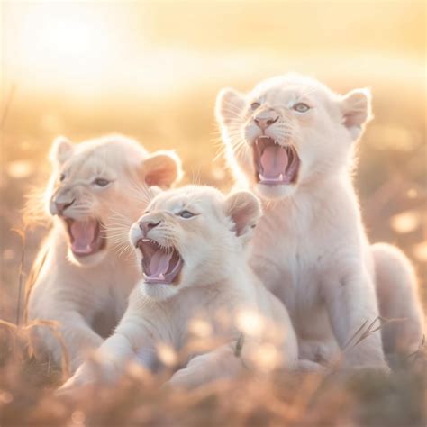 Premium AI Image | A group of albino lion cubs playing in a sunlit white meadow