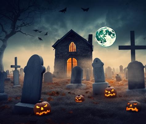 Premium AI Image | Halloween graveyard with pumpkins and a spooky graveyard with a spooky ...