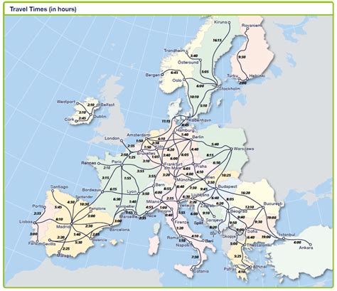 Eurail map of train times between major cities | Eurail map, Europe travel, Europe train travel