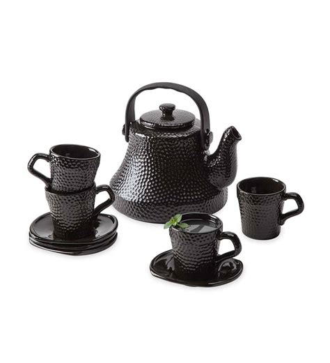 Black Hammered Ceramic Tea Kettle Set | VivaTerra