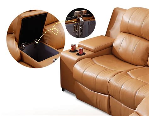 Dark Beige Manual Recliner Sectional Sofa in Genuine Leather with Cup Holder Console and Right ...