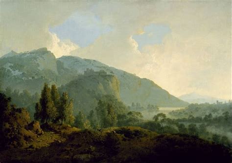 a painting of mountains and trees in the foreground, with water on the far side