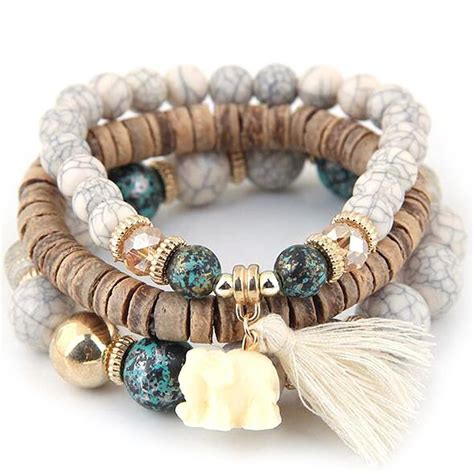 Best Women Wood Beads Bracelets Fashion Boho Small Elephant Charm Lady Bracelets Set Vintage ...