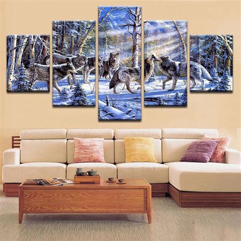 Wolf Pack In The Winter Forest 1 – Animal 5 Panel Canvas Art Wall Decor – Canvas Storm