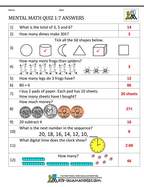 First Grade Mental Math Worksheets