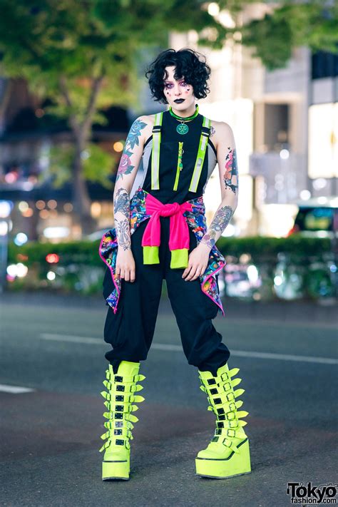 Harajuku Style w/ Tattoos, Jaded London Overalls, 6%DokiDoki Kawaii Jacket & Demonia Neon Boots ...