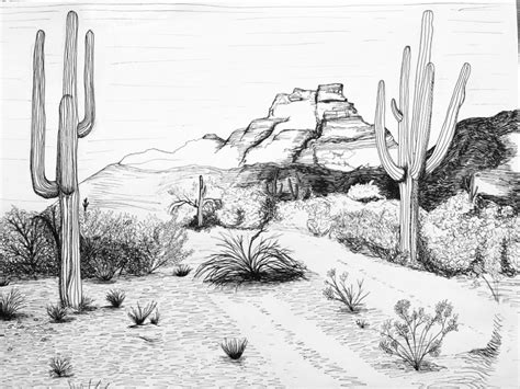 Desert landscape in pen & ink : drawing | Landscape drawings, Desert landscape art, Desert drawing