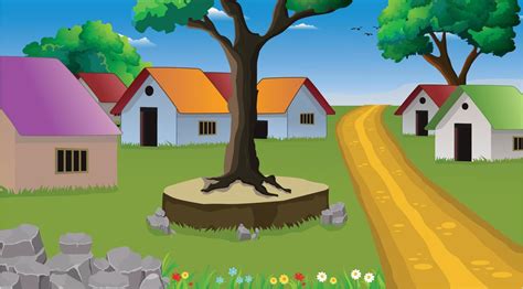 Village cartoon background illustration with old style cottage, well, trees, narrow road ...