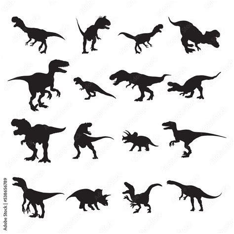 Dinosaur silhouettes set, Black dinosaur silhouette collection. Stock Vector | Adobe Stock