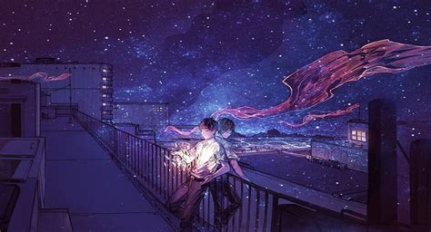 HD wallpaper: Anime, Original, Boy, City, Night, Roof, Stars | Wallpaper Flare