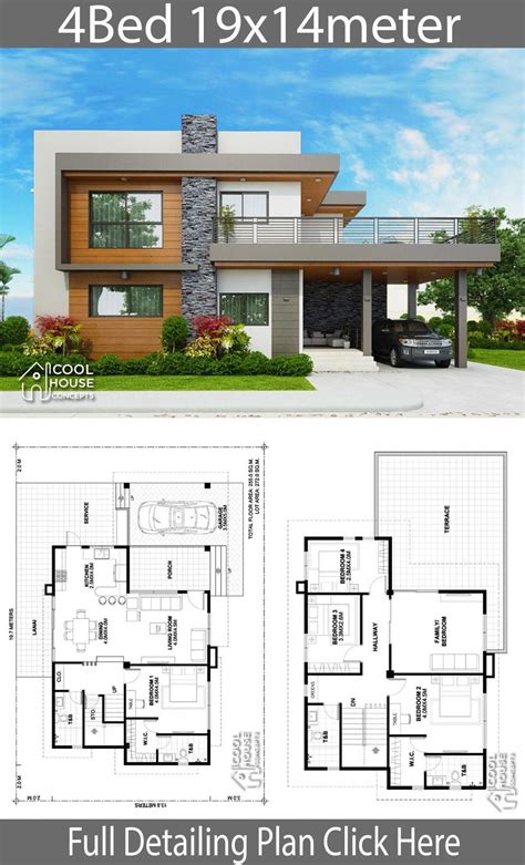 Home design plan 19x14m with 4 bedrooms - Home Design with Plansearch #luxuryh… | Casas de dos ...