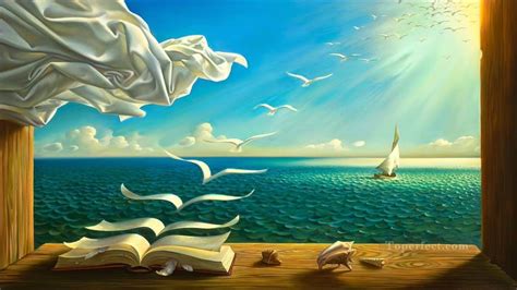 diary of discoveries surrealism books seagulls ship Painting in Oil for Sale