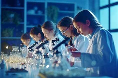 Premium AI Image | A group of school students conducts experiments in an educational laboratory