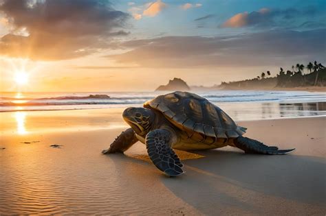 Premium Photo | A turtle on the beach at sunset