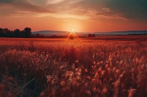 Premium AI Image | Sunset over a wheat field with a field of wheat