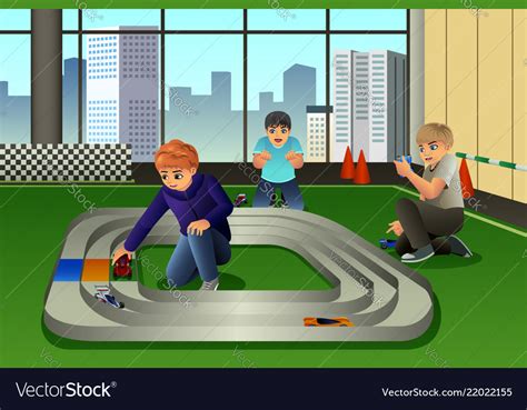 Kids playing toy cars racing Royalty Free Vector Image