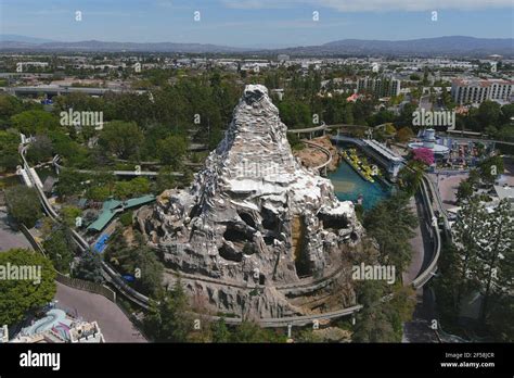 An aerial view of the Matterhorn bobsleds ride at Disneyland Park, Wednesday, March 24, 2021, in ...