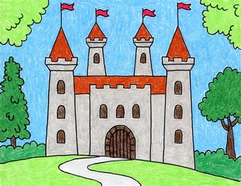 Easy How to Draw a Castle Tutorial and Castle Coloring Page