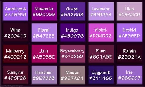 Shades of Purple & Names with HEX, RGB Color Codes