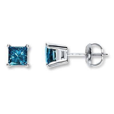 Kay Jewelers Blue Diamond Earrings 1 ct tw Princess-cut 10K White Gold- Diamond