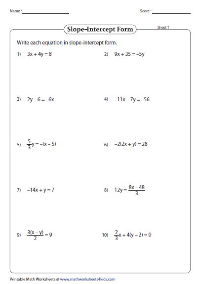 Slope-intercept Form of Equation of a Line Worksheets