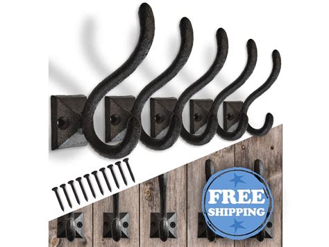 Rustic Cast Iron Coat Hooks 5 Pack Wall Mounted Farmhouse Decor square Base Hooks W/ Screws ...