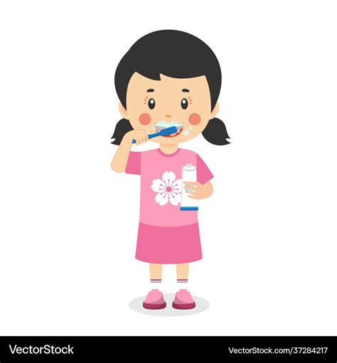 Cute little girl brushing teeth holding toothpaste