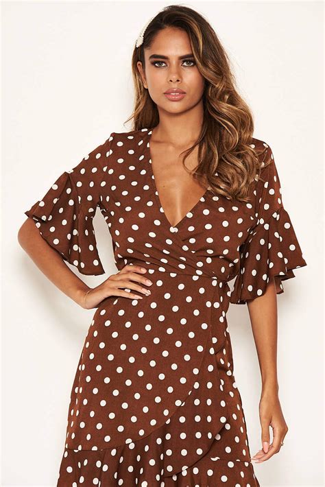 Brown Polka Dot Wrap Frill Dress – AX Paris