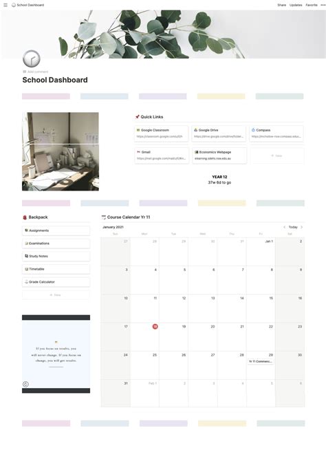 School Dashboard Notion Template - Downloadable. Yr 11 2021 | Notions, School template, Notes ...