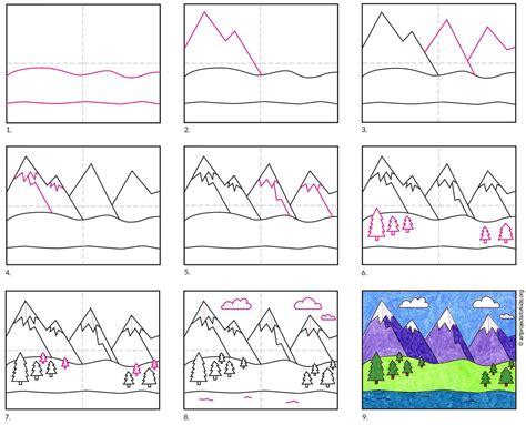 How To Draw A Snowy Mountain Step By Step Easy Coloring Page Drawing Learn Colors For Kids ...