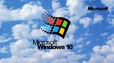 the logo for microsoft and windows 10 against a blue sky with white clouds in the background