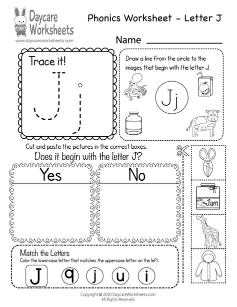 Free Printable Letter J Beginning Sounds Phonics Worksheet for Preschool