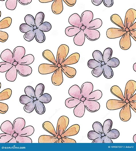 Watercolor Flowers Pattern. Kids Cartoon Background Stock Illustration - Illustration of floral ...