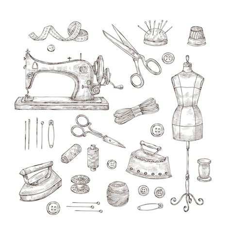 Premium Vector | Tailor shop. sketch sewing tools materials vintage clothes needlework textile ...