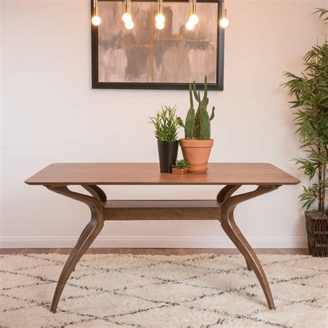 unique mid century modern dining room table curvaceous legs trestle base medium walnut finish ...