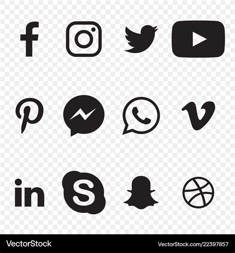 Black and white social media icons on transparent Vector Image