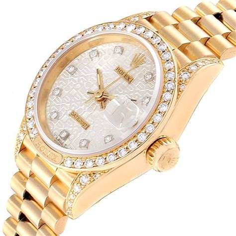 Rolex President Yellow Gold Anniversary Dial Diamond Ladies Watch 69158 For Sale at 1stDibs