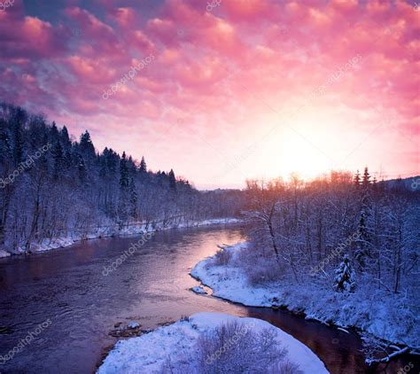 Beautiful river in winter landscape ⬇ Stock Photo, Image by © nejron #12373601