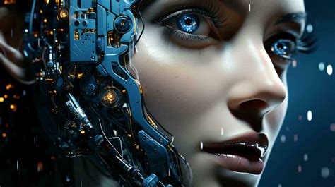 Connection of human woman and artificial intelligence robot. The concept of merging a person and ...