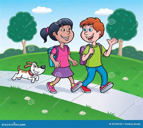 Girl, Boy And Dog Walking From School Stock Illustration - Image: 45768756