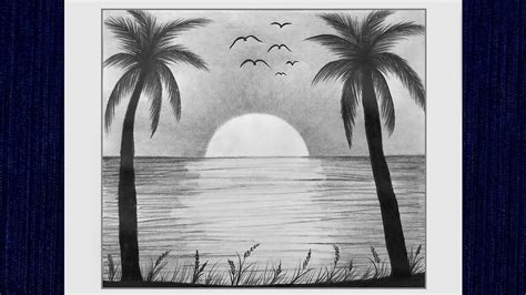 Sunset Landscape Drawing with Pencil Sketch, Scenery Drawing for Beginners, Drawing of Nature ...