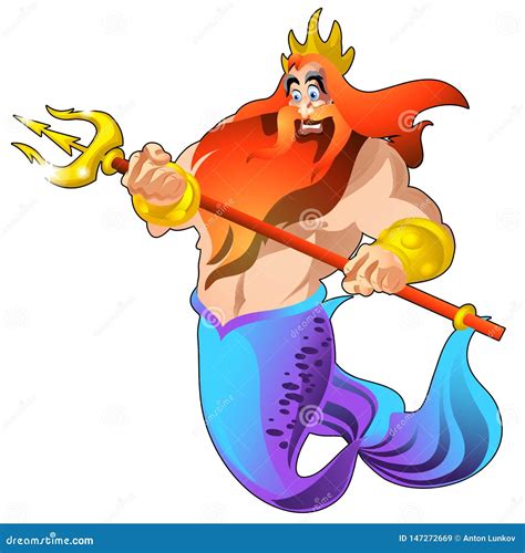 Poseidon With A Golden Trident And A Crown Isolated On White Background. Vector Cartoon Close-up ...