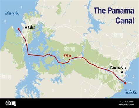 Map of the Panama canal, illustrating the route from the Pacific to the Atlantic ocean Stock ...