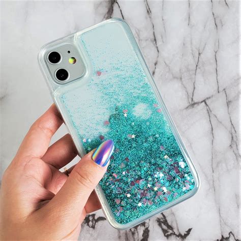 iPhone 11 6.1" Mint Aqua Glitter Waterfall Liquid Bling Floating Hearts Case - Walmart.com ...