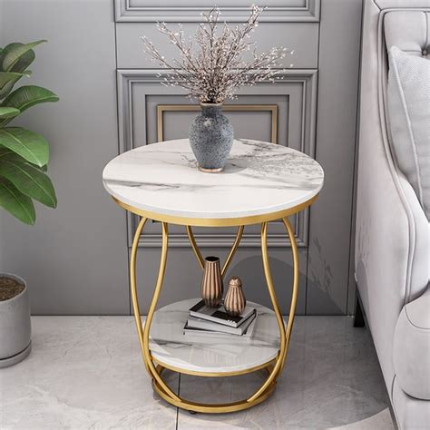 White Round Side Table with Storage Marble Top Metal Frame | Homary