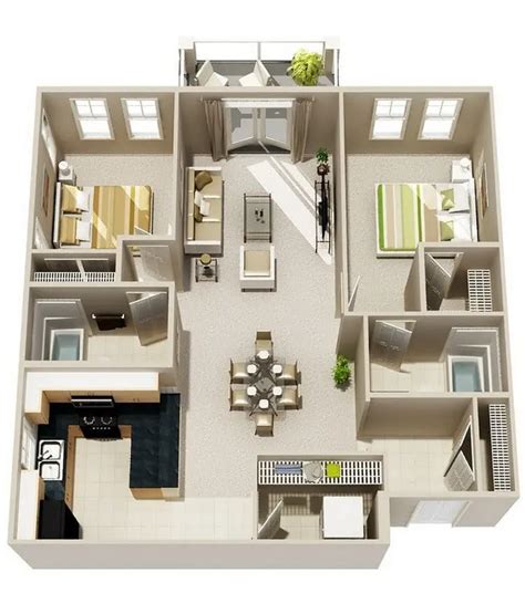 20 Awesome 3D Apartment Plans With Two Bedrooms - Part 2