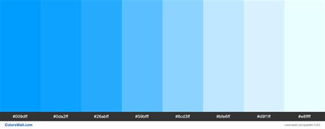 Blue shades palette. HEX colors #009dff, #0da2ff, #26abff, #59bfff, #8cd3ff, #bfe6ff, #d9f1ff, # ...